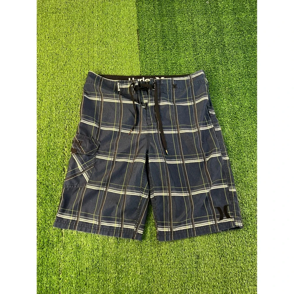 Hurley Mens Plaid Board Shorts Navy Blue Cargo Pocket Swim Trunks 32W